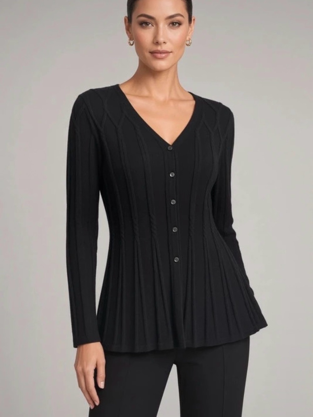 croft & barrow Black V-Neck Button-Front Ribbed Peplum Top